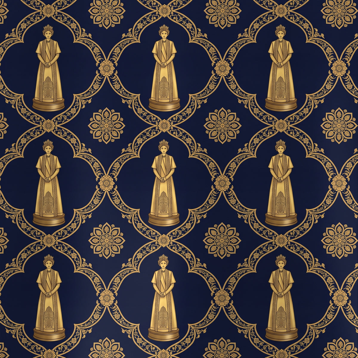 Aryamehr Empress Kimono aus Seidensatin – Marine & Gold