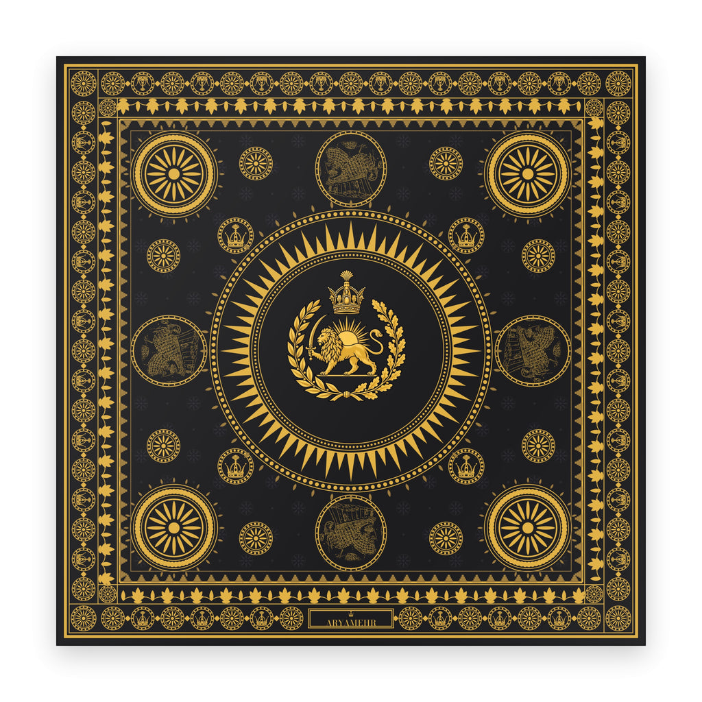 Aryamehr Seidentuch 90×90 Löwe und Sonne – Schwarz & Gold
