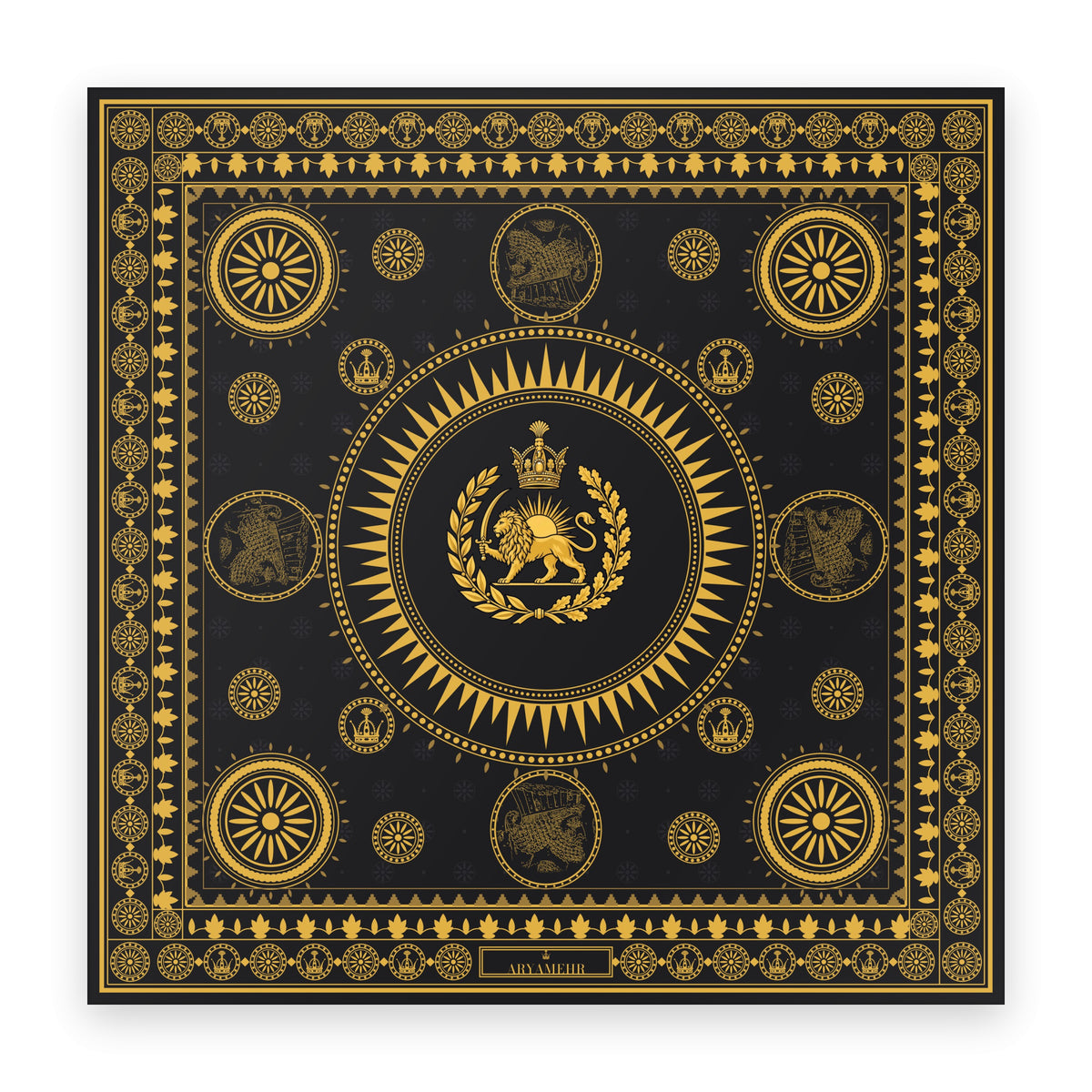 Aryamehr Seidentuch 90×90 Löwe und Sonne – Schwarz & Gold