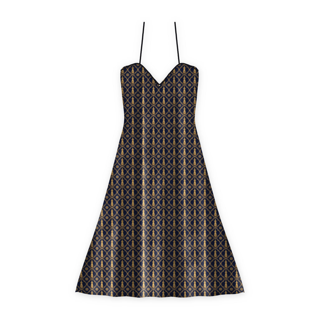 Aryamehr Empress Slip Dress Maxi aus Seidensatin – Marine & Gold