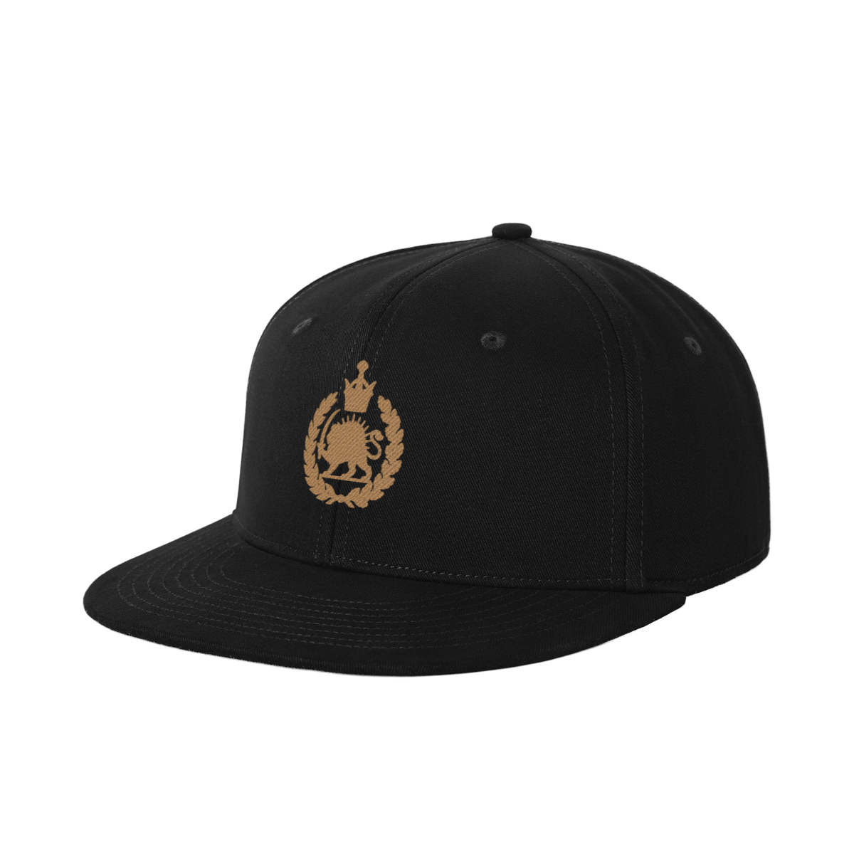 Löwe und Sonne Snapback Cap schwarz – Produktvorschau des Druckpartners (Vorderseite)