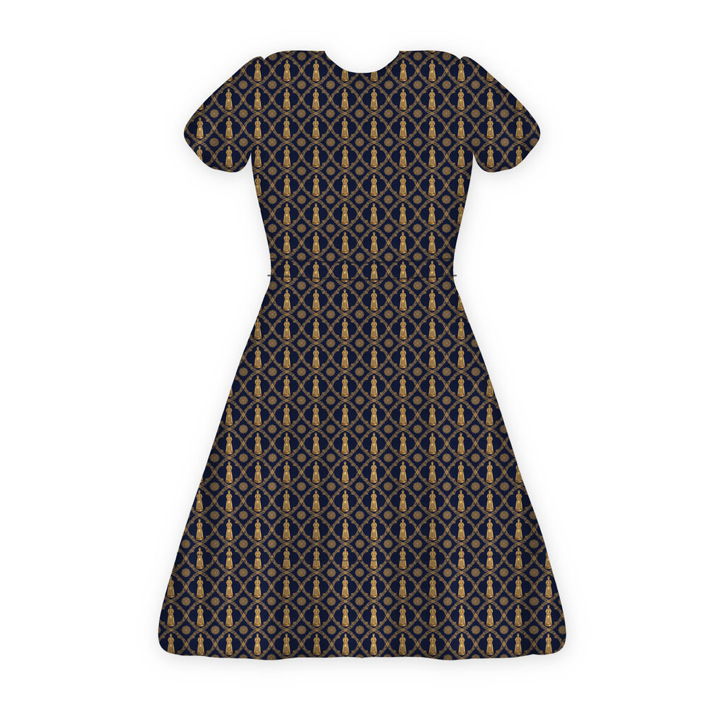 Aryamehr Empress Volant-Teekleid aus Seidensatin – Marine & Gold
