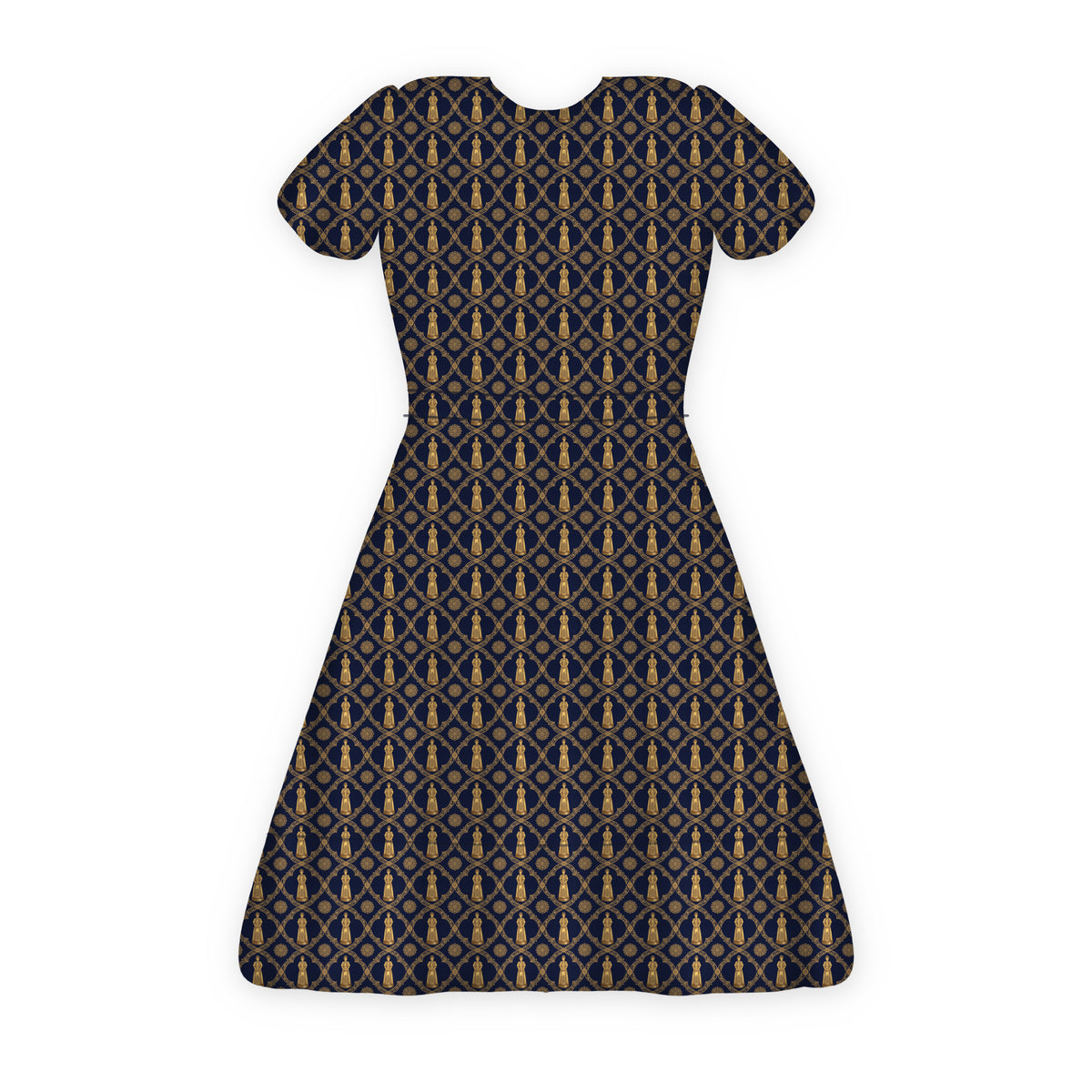 Aryamehr Empress Volant-Teekleid aus Seidensatin – Marine & Gold