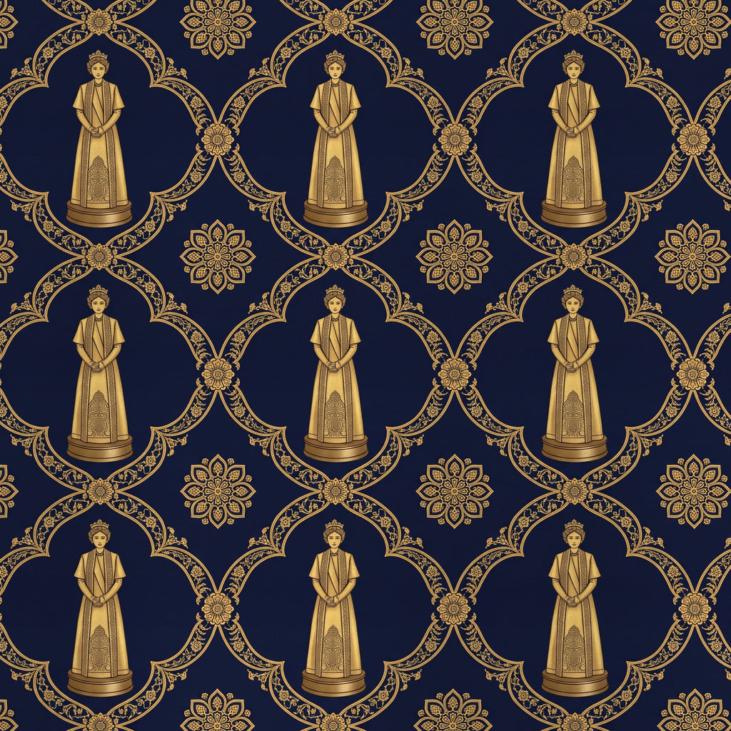 Aryamehr Empress Volant-Teekleid aus Seidensatin – Marine & Gold
