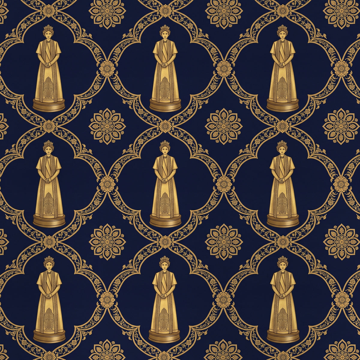 Aryamehr Empress Volant-Teekleid aus Seidensatin – Marine & Gold