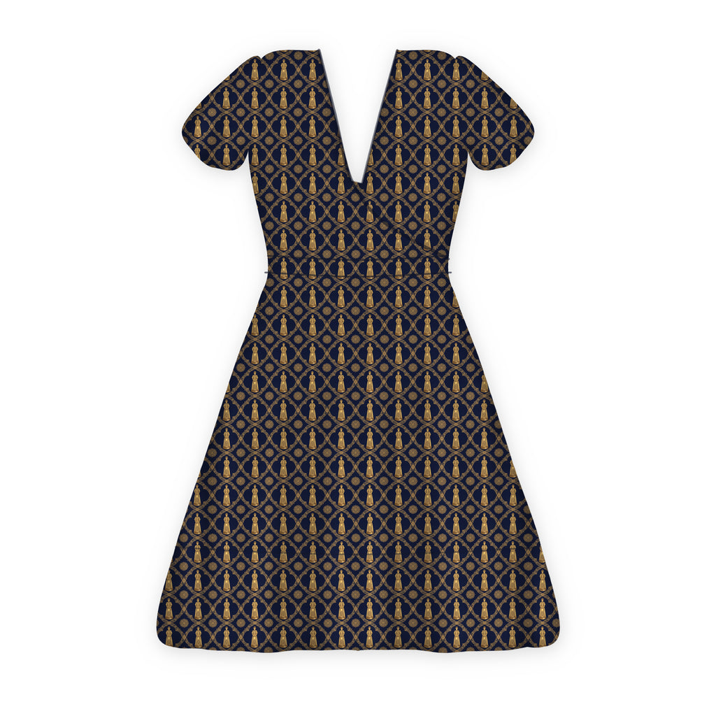 Aryamehr Empress Volant-Teekleid aus Seidensatin – Marine & Gold