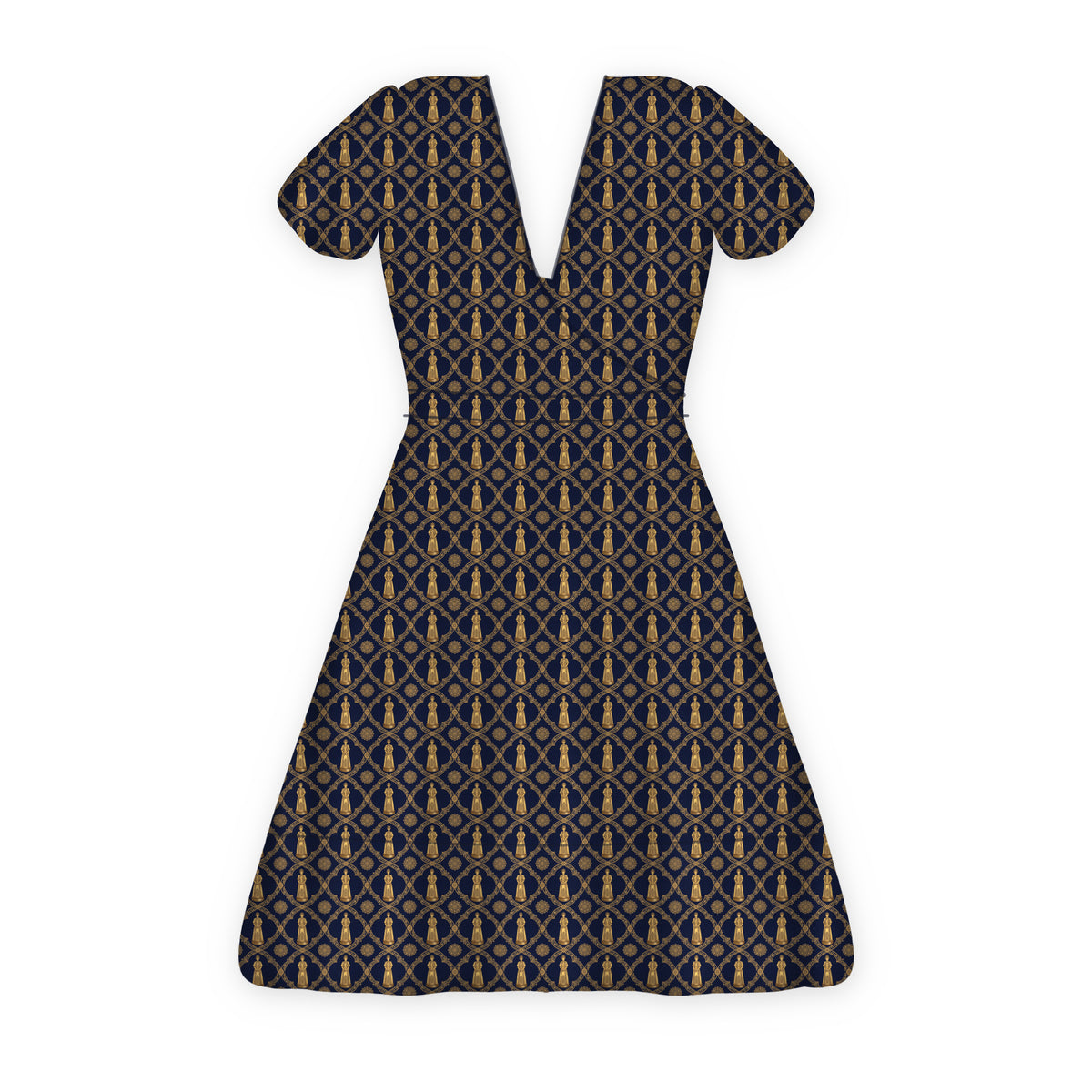 Aryamehr Empress Volant-Teekleid aus Seidensatin – Marine & Gold